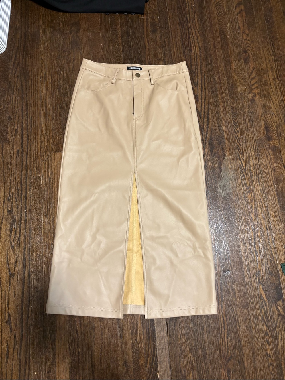 STEVE MADDEN, Beige Faux-Leather Midi Skirt with Front Slit, Size 6 - Picture 2 of 4